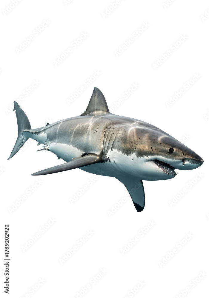 Obraz premium A powerful marine creature a large white shark swims horizontally with its mouth slightly open revealing sharp teeth against a white background