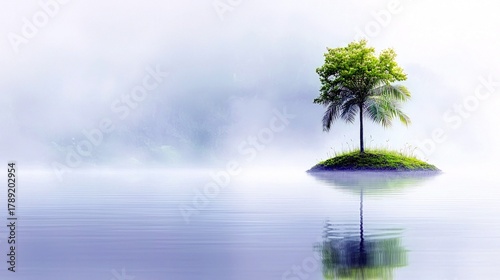 A single tree stands on a lush green island surrounded by calm, reflective water under a hazy, atmospheric sky.