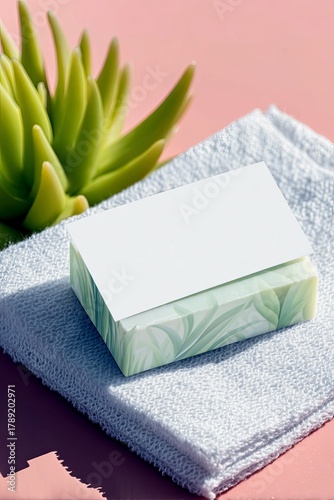 A bar of soap with a green leaf pattern sits on a white folded towel, with a succulent plant to the side, against a pink background.