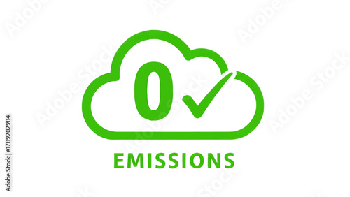 Vector illustration of green cloud icon with 0 emissions text and checkmark, on a transparent background