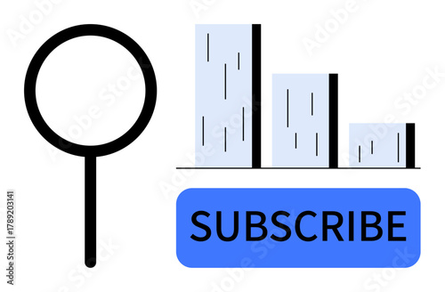 Magnifying glass examining bar chart and blue subscribe button. Ideal for analytics, subscription growth, marketing trends, business strategy, audience building, engagement, simple flat metaphor