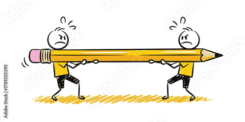 Teamwork dispute or conflict stick figures pulling a giant pencil