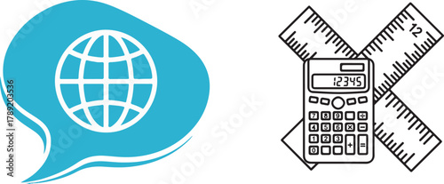 Blue Globe Speech Bubble and Outline Calculator Rulers Icons