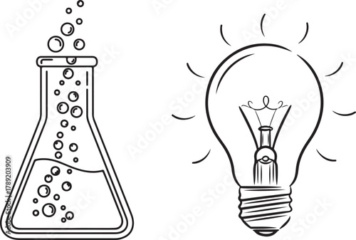 Black and White Vector Graphic of Laboratory Flask and Idea Light