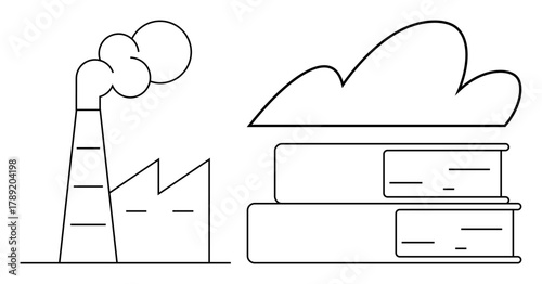 Factory with smoke stack beside books beneath a cloud. Ideal for industry, pollution, education, sustainability, digital storage, environment, progress. Simple flat metaphor