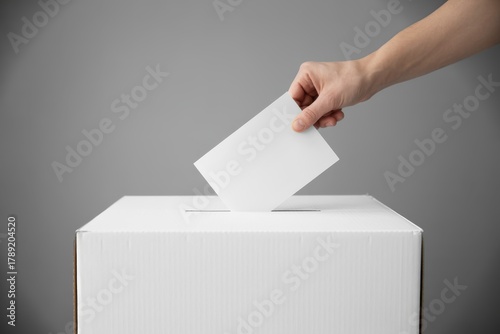 Hand casting vote into white ballot box voting election