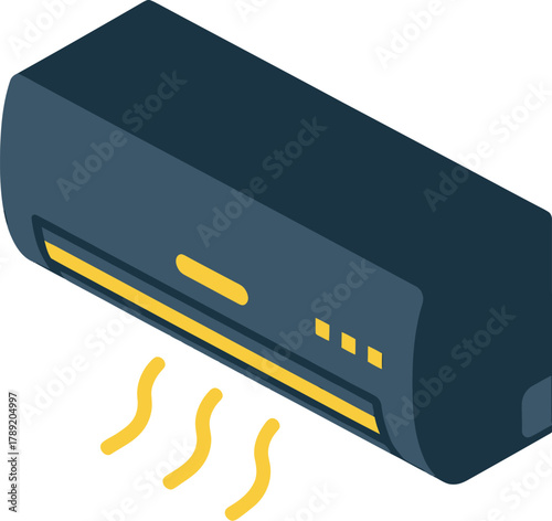 Isometric illustration of a dark blue air conditioning unit with yellow vents.
