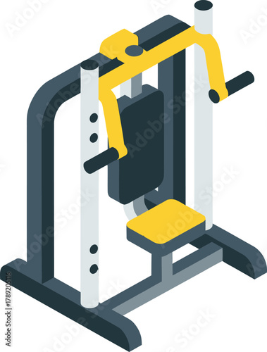 Isometric illustration of a modern gym machine for chest exercises, featuring yellow and gray components.