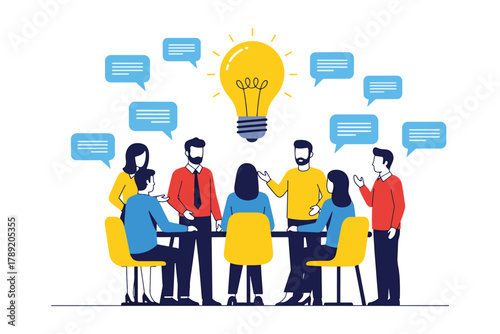 Teamwork brainstorming session with lightbulb idea and discussion bubbles around