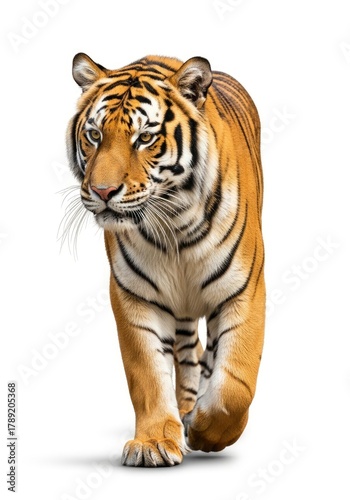 A striped feline predator walks forward on a white background showcasing its powerful form and distinctive markings