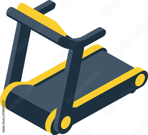 A modern, isometric illustration of a dark blue and yellow treadmill, symbolizing fitness and exercise.