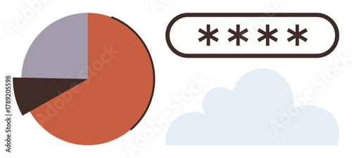 Pie chart for data analysis, password field for security, and cloud for online storage. Ideal for data security, analytics, cloud technology, cybersecurity, tech solutions, business minimal design