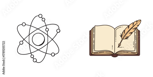 Science Atom Model and Old Book with Quill Flat Illustrations