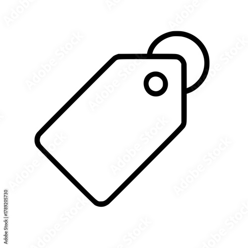 A simple black and white outline icon of a price tag with a hole and a ring.