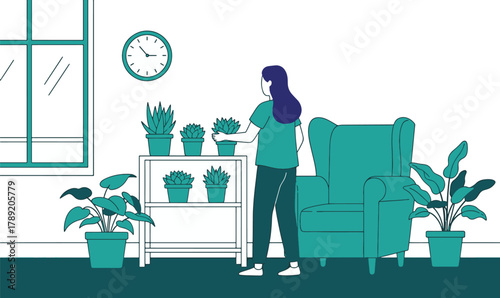 Woman at Home Tending to Plants in a Cozy Interior Space