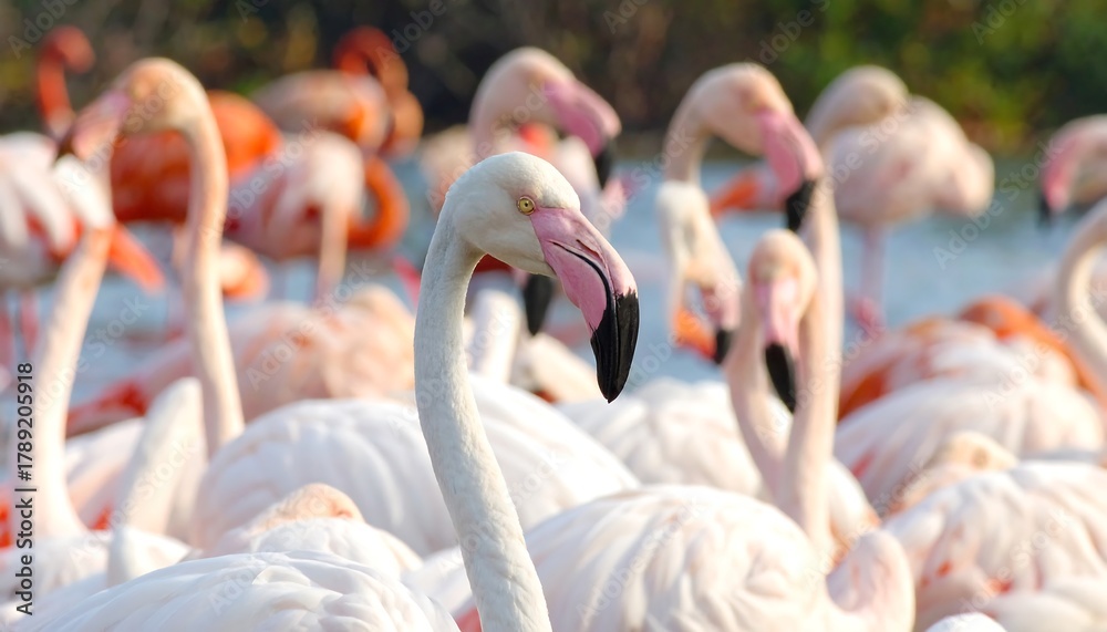 Naklejka premium Close-up of numerous vibrant pink flamingos, necks curved, clustered together near water, showcasing their long beaks