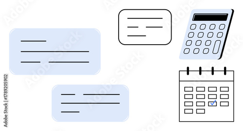 Text notes, calculator, and marked calendar suggest financial planning, task management, or scheduling. Ideal for finance, organization, productivity, planning budgeting workflow and teamwork