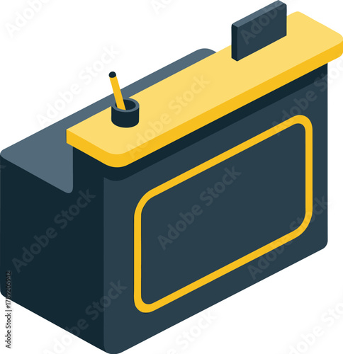 A modern isometric reception desk in dark grey with yellow accents, featuring a pen holder and a small display.
