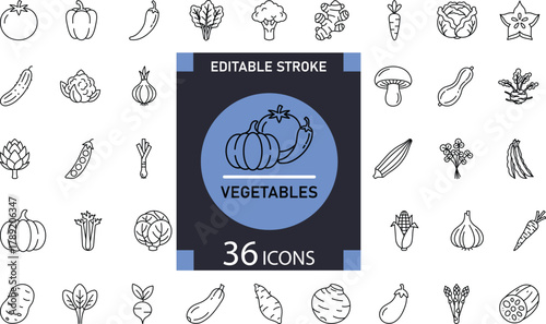 Vegetables Line Icon Set 36 Fresh Outline Symbols for Healthy Food, Organic Farming, and Nutrition Design