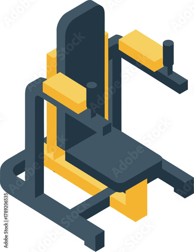 Isometric illustration of a gym fitness machine for leg exercises, featuring a dark grey frame with yellow accents and padded supports.