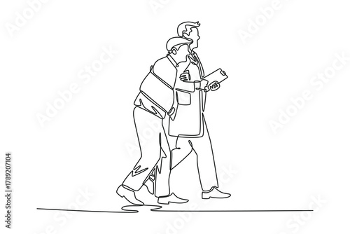 Doctor holding a senior patient with an injured arm and walking together. Doctor and patient concept. Single line draw design. Vector graphic illustration