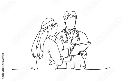 Doctor with clipboard consulting patient during appointment. Doctor and patient concept. Single line draw design. Vector graphic illustration