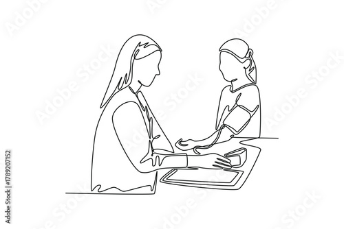 female doctor with tonometer measuring woman patient's blood pressure. Doctor and patient concept. Single line draw design. Vector graphic illustration