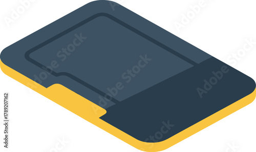 A dark blue and yellow isometric illustration of a memory card, representing digital storage and data.