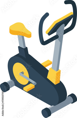 Isometric exercise bike with yellow seat and pedals, dark frame, and gray accents.