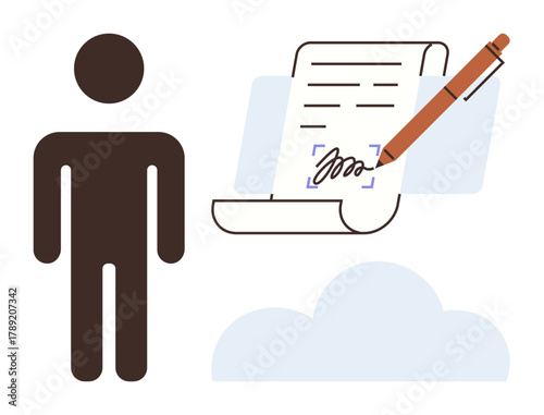 Person standing by a digital document with a pen signing, supported by a cloud design. Ideal for electronic signature, cloud services, digital agreements, technology, online security, modern