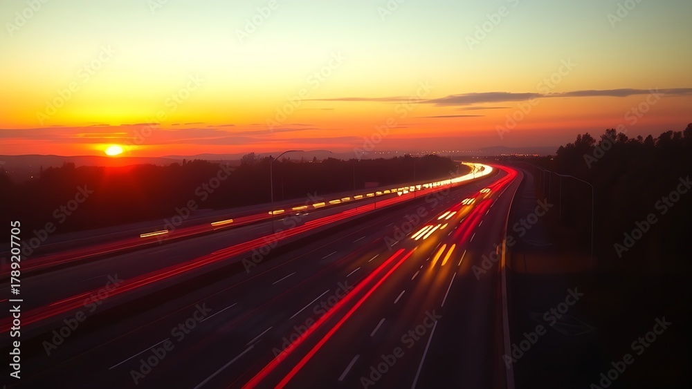 Obraz premium Sunset-lit highway with light streaks from vehicles, capturing a warm and atmospheric scene.