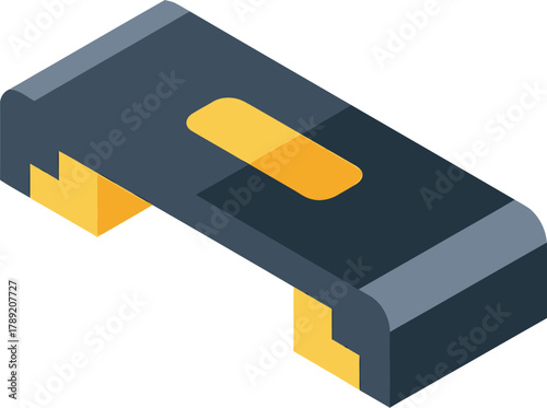 Isometric illustration of a dark blue aerobic step with yellow supports and a yellow grip pad on top.