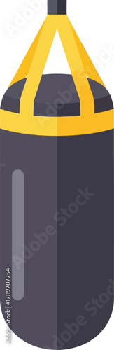 A flat design illustration of a dark grey punching bag with yellow straps, ready for boxing training.