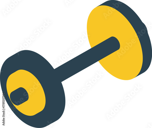Isometric vector illustration of a yellow and dark blue dumbbell for fitness.