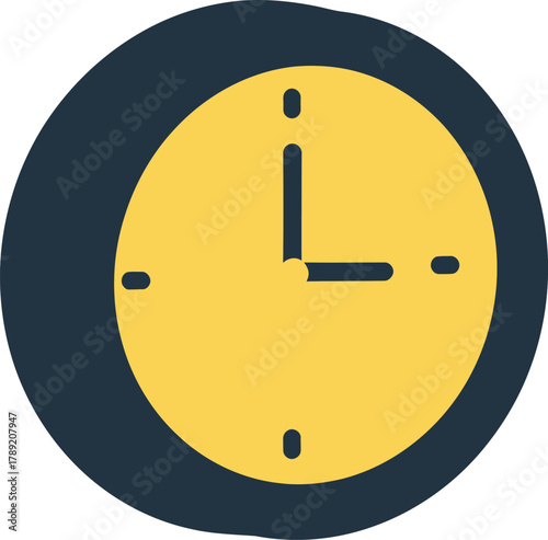A simple, stylized clock face with a dark blue background and a yellow clock.