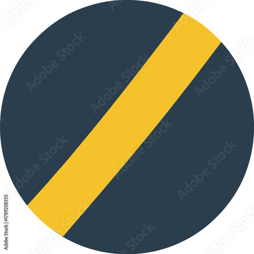 A circular road sign featuring a dark blue background with a diagonal yellow stripe indicating a restriction.