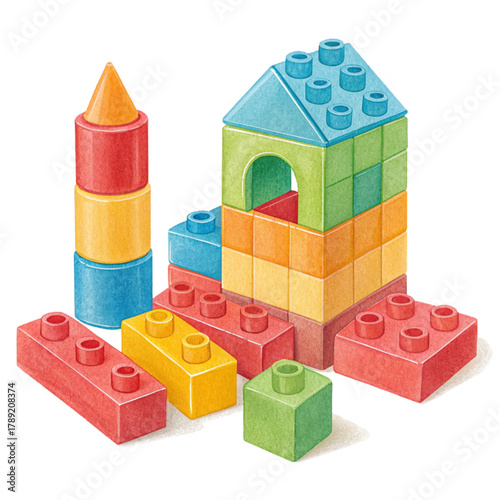 Vibrant building blocks assemble into imaginative structures, sparking creativity and fun for children's playtime adventures