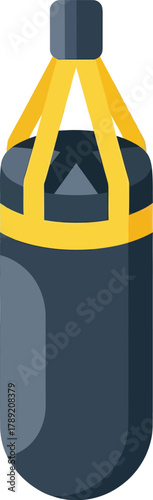 Illustration of a dark blue punching bag hanging from yellow straps, used for boxing and fitness training.