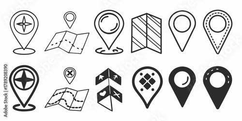 Collection of various map pins and maps in black and white line art style for navigation and location on transparent background