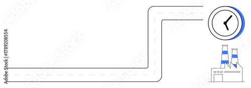 Road curves towards a factory with chimneys, clock above suggesting time management and productivity. Ideal for industry, business, logistics, efficiency, time management, sustainability, workflow