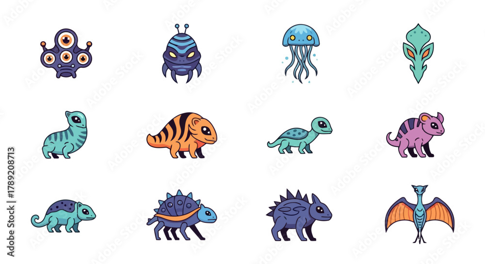 Obraz premium A diverse collection of whimsical alien and fantasy creature vector illustrations, featuring an assortment of cute monster characters perfect for games, applications, and children's creative projects