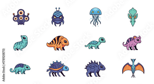A diverse collection of whimsical alien and fantasy creature vector illustrations, featuring an assortment of cute monster characters perfect for games, applications, and children's creative projects