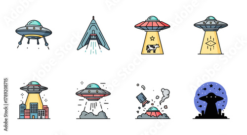 A collection of colorful UFO icons representing an alien invasion concept, including flying saucers, abduction, and a crashed spaceship