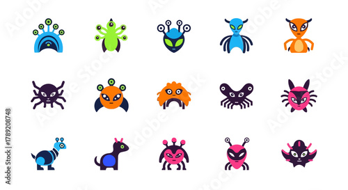 Collection of Fun and Unique Alien Character Icons for Design Projects