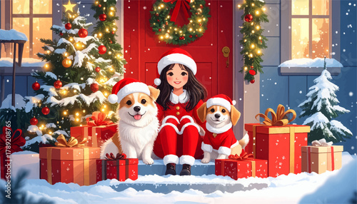 Girl with dogs enjoying snowy Christmas night. Christmas cheer with two cute puppies and gifts. Festive holiday with smiling girl and puppies. Winter celebration with pets and Christmas tree