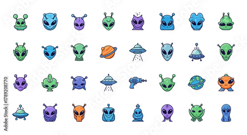 Set of colorful pixel art aliens and UFOs, representing extraterrestrial life and space travel, perfect for gaming and sci-fi projects