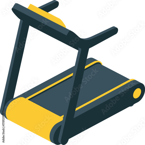 Isometric vector illustration of a modern yellow and black treadmill for fitness and cardio workouts.
