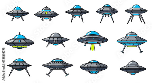 Collection of diverse pixel art alien spacecraft and flying saucers, perfect for retro game development, digital assets, and sci-fi projects