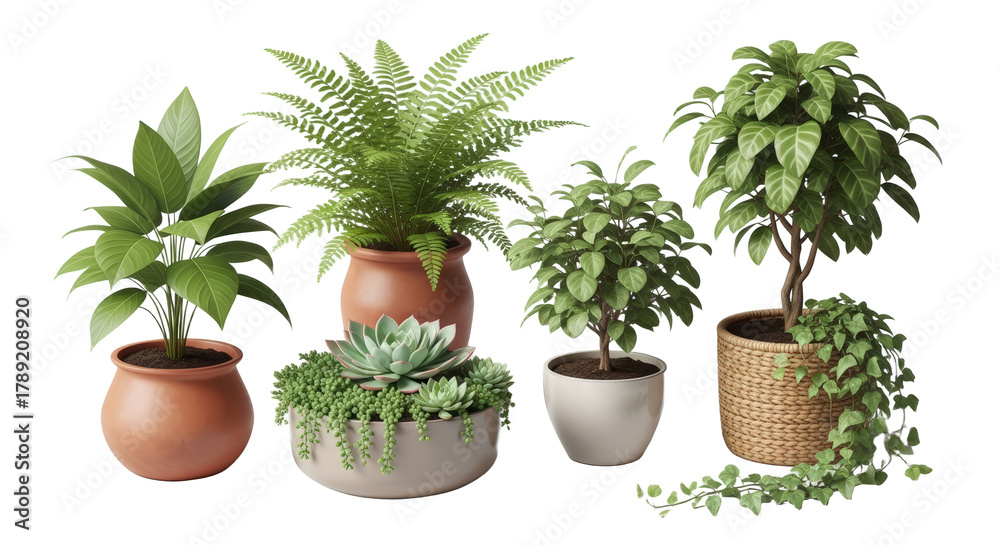 Fototapeta premium Assorted Potted Houseplants Including Fern Succulents And Small Trees On Transparent Background