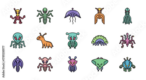 Colorful and whimsical collection of cartoon alien creatures in various shapes and designs